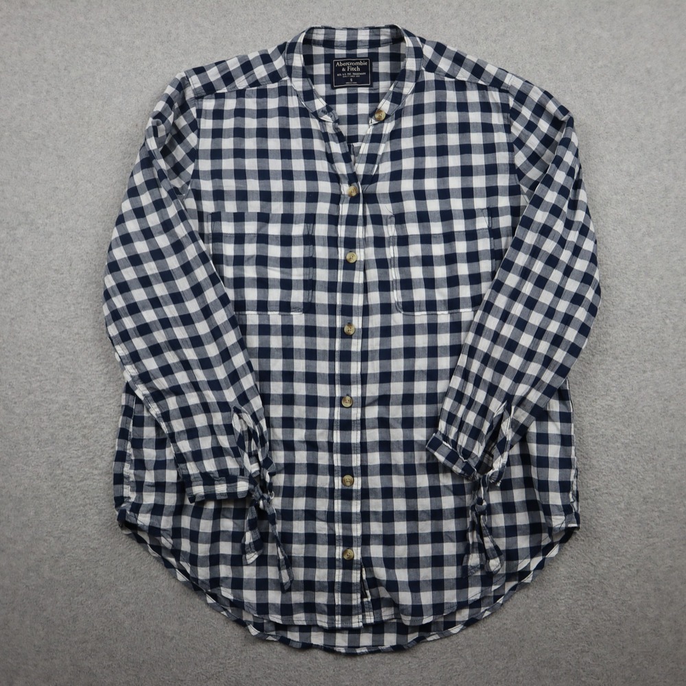 Abercrombie & Fitch Shirt Top Women Small Button Up Navy White Gingham Tie Cuff